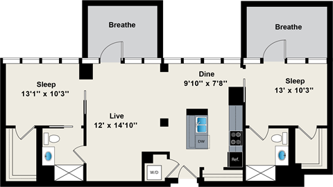 Floor plan for 2 beds, 2 baths, 1055 sqft